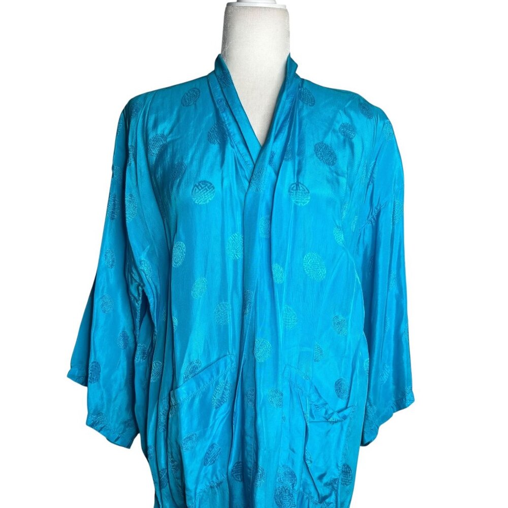 Vintage Kimono Hand Embroidered Medium Teal Blue Pockets Long Sleeve No Belt - Picture 2 of 8